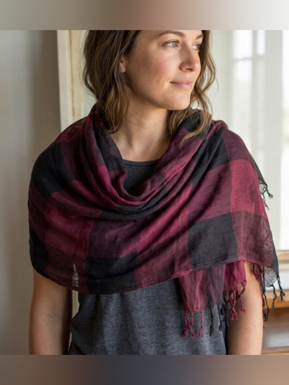 52” x 57” Mud Pie "Phoebe" Plaid Scarf Wrap in Burgundy/Maroon & Black – NWT